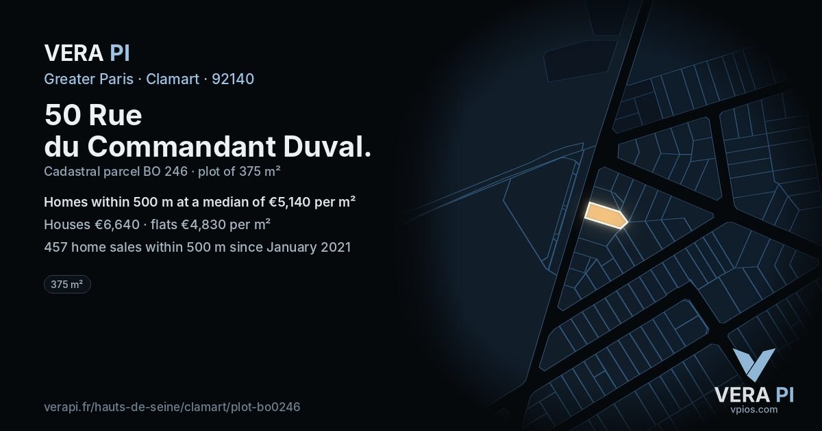 50 Rue du Commandant Duval, Clamart at night – the plot lit, the parcels around coloured by the prices near them