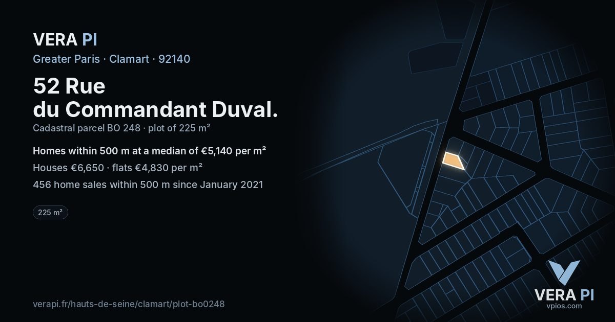 52 Rue du Commandant Duval, Clamart at night – the plot lit, the parcels around coloured by the prices near them