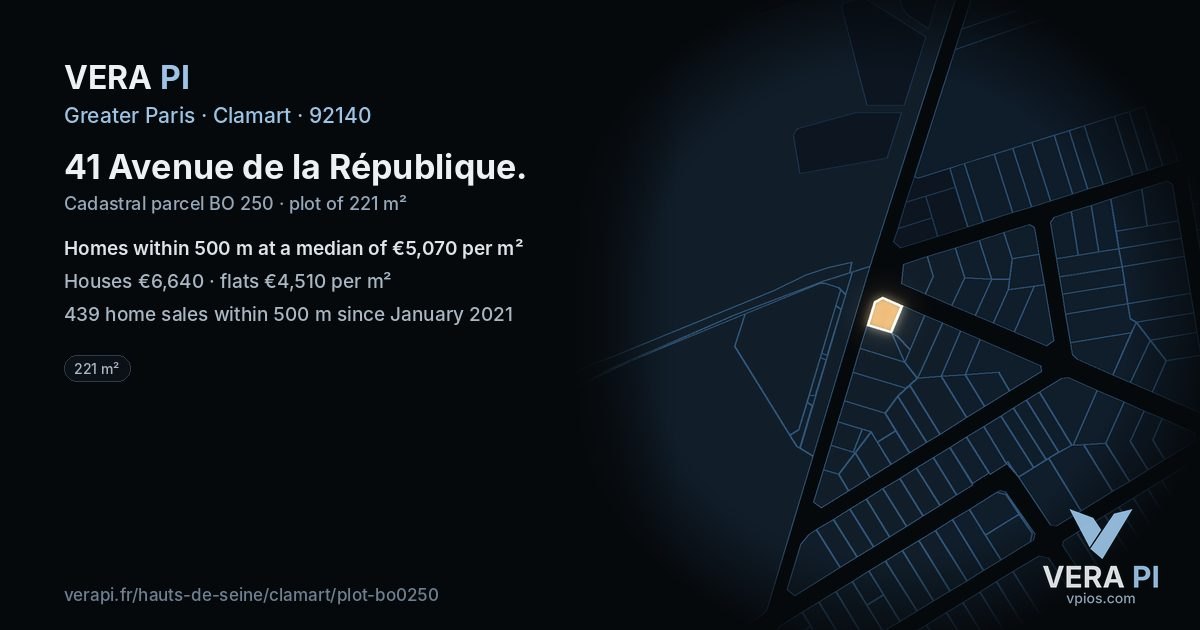 41 Avenue de la République, Clamart at night – the plot lit, the parcels around coloured by the prices near them
