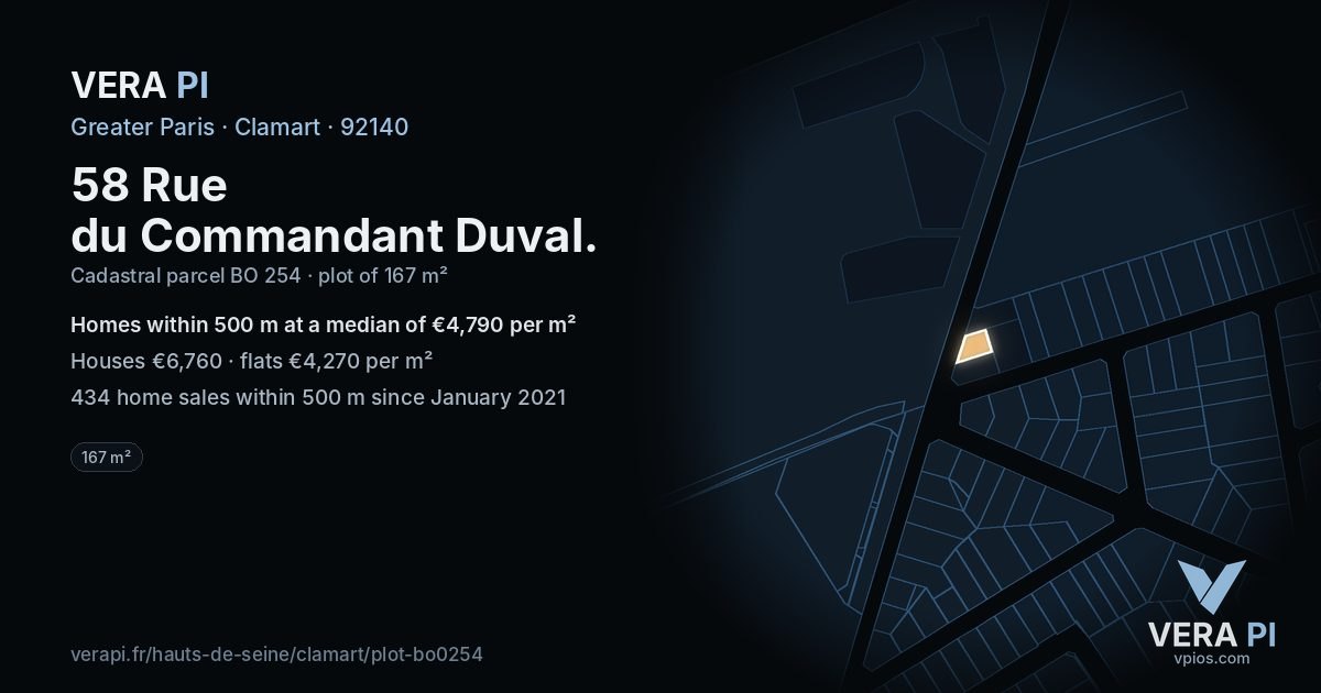 58 Rue du Commandant Duval, Clamart at night – the plot lit, the parcels around coloured by the prices near them