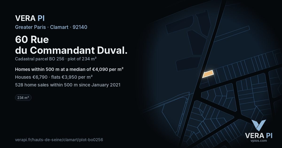 60 Rue du Commandant Duval, Clamart at night – the plot lit, the parcels around coloured by the prices near them