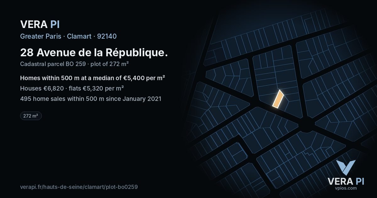 28 Avenue de la République, Clamart at night – the plot lit, the parcels around coloured by the prices near them