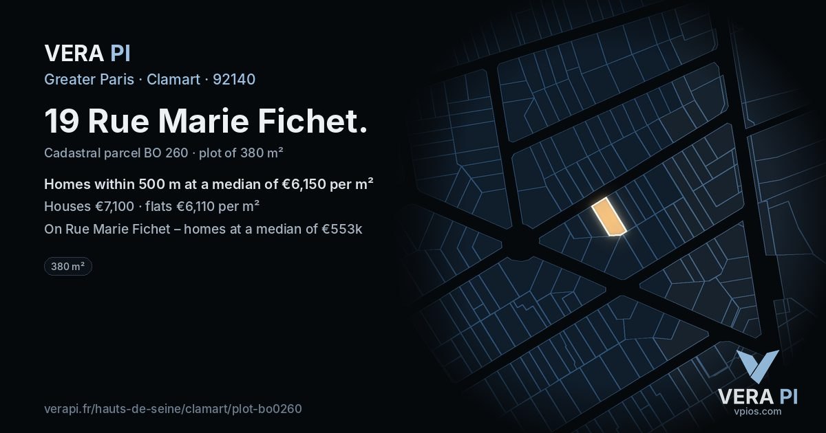 19 Rue Marie Fichet, Clamart at night – the plot lit, the parcels around coloured by the prices near them