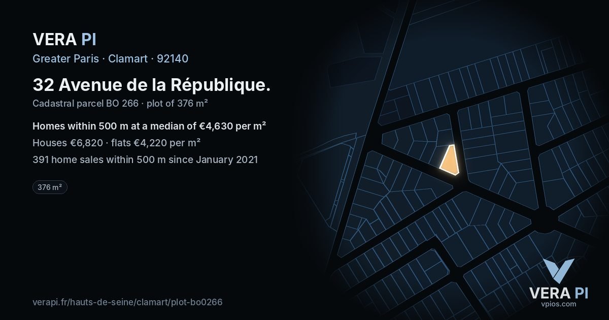 32 Avenue de la République, Clamart at night – the plot lit, the parcels around coloured by the prices near them