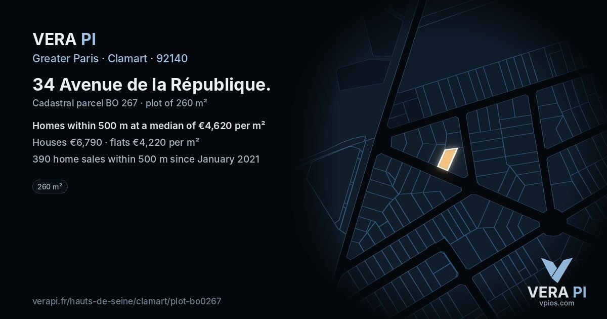 34 Avenue de la République, Clamart at night – the plot lit, the parcels around coloured by the prices near them