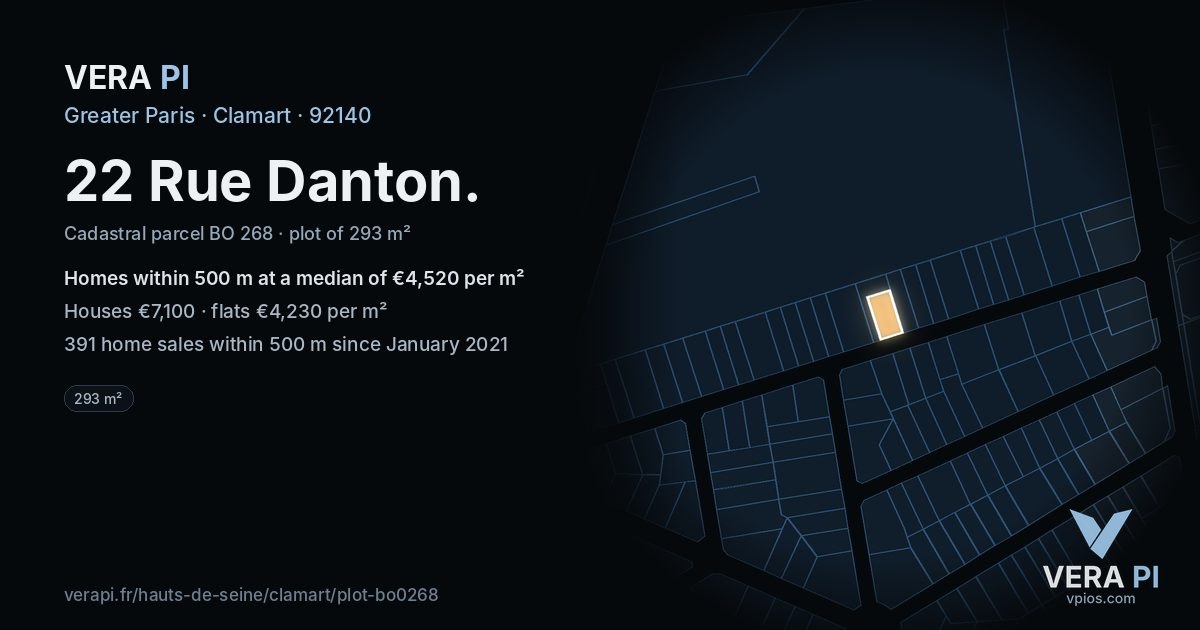 22 Rue Danton, Clamart at night – the plot lit, the parcels around coloured by the prices near them