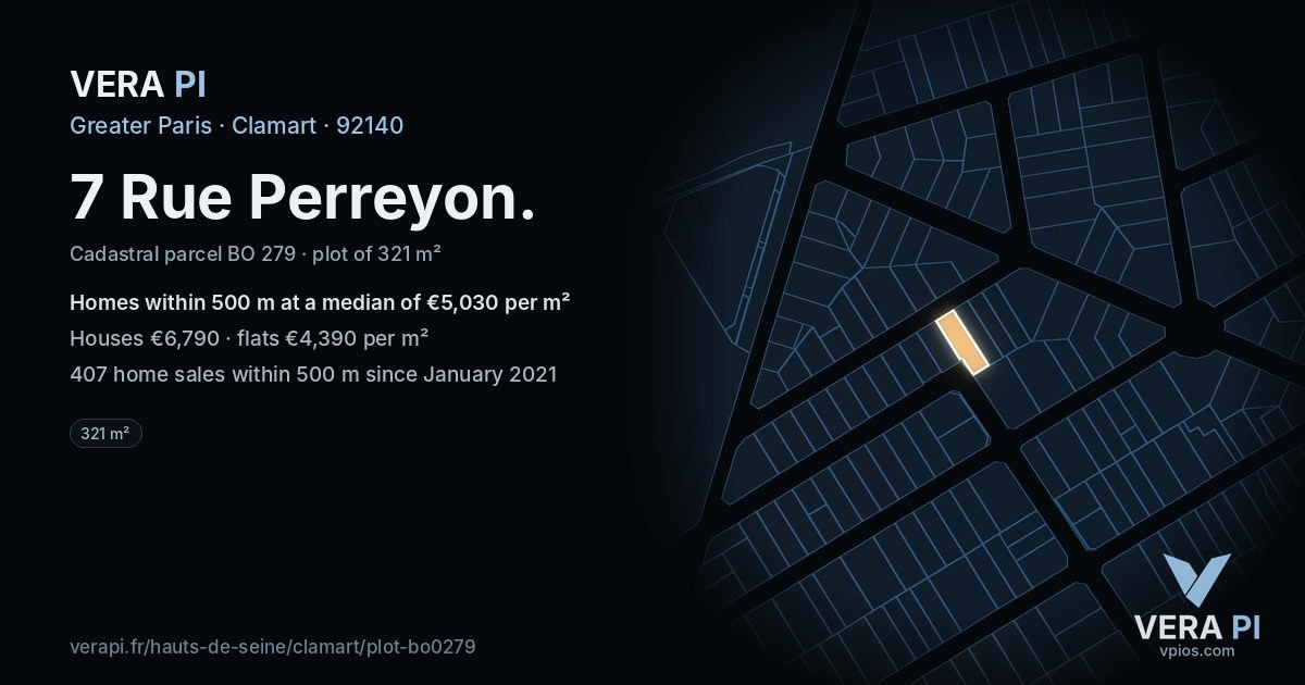 7 Rue Perreyon, Clamart at night – the plot lit, the parcels around coloured by the prices near them