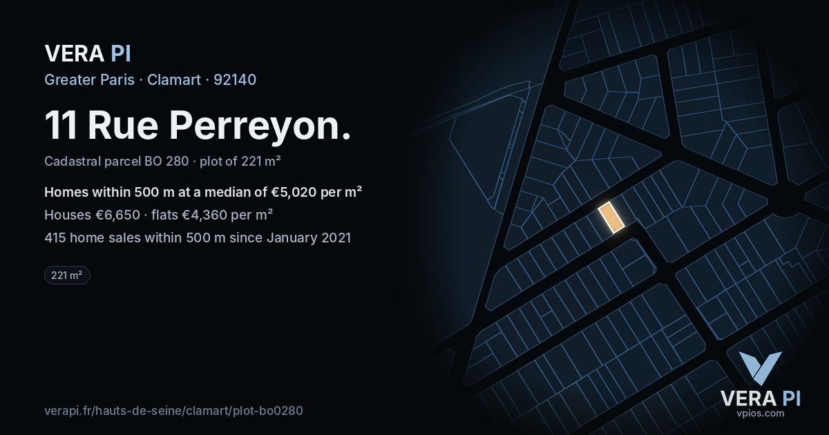 11 Rue Perreyon, Clamart at night – the plot lit, the parcels around coloured by the prices near them