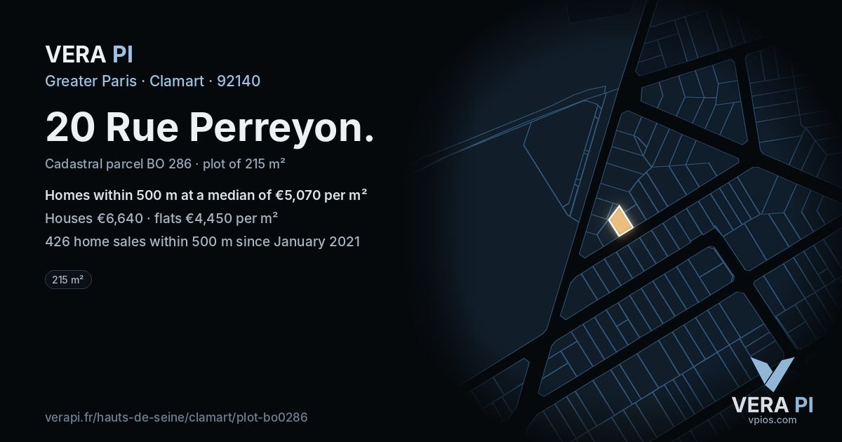 20 Rue Perreyon, Clamart at night – the plot lit, the parcels around coloured by the prices near them