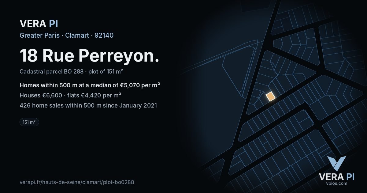 18 Rue Perreyon, Clamart at night – the plot lit, the parcels around coloured by the prices near them