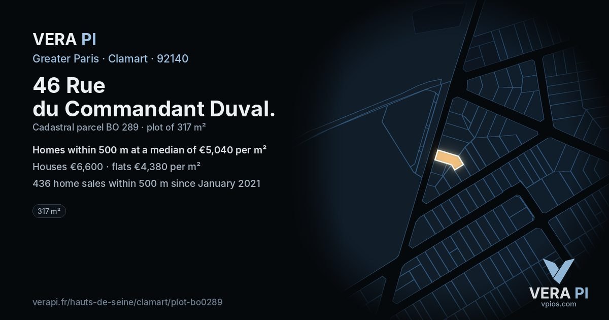 46 Rue du Commandant Duval, Clamart at night – the plot lit, the parcels around coloured by the prices near them
