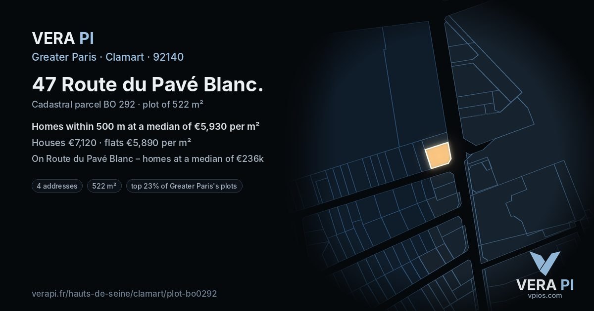 47 Route du Pavé Blanc, Clamart at night – the plot lit, the parcels around coloured by the prices near them