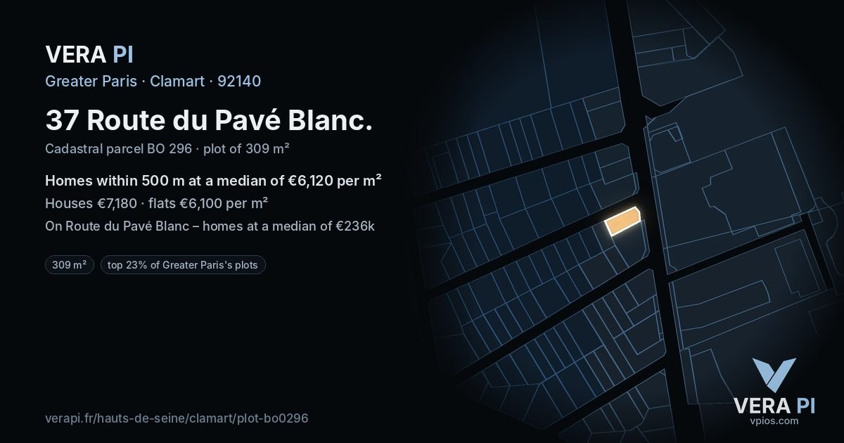 37 Route du Pavé Blanc, Clamart at night – the plot lit, the parcels around coloured by the prices near them