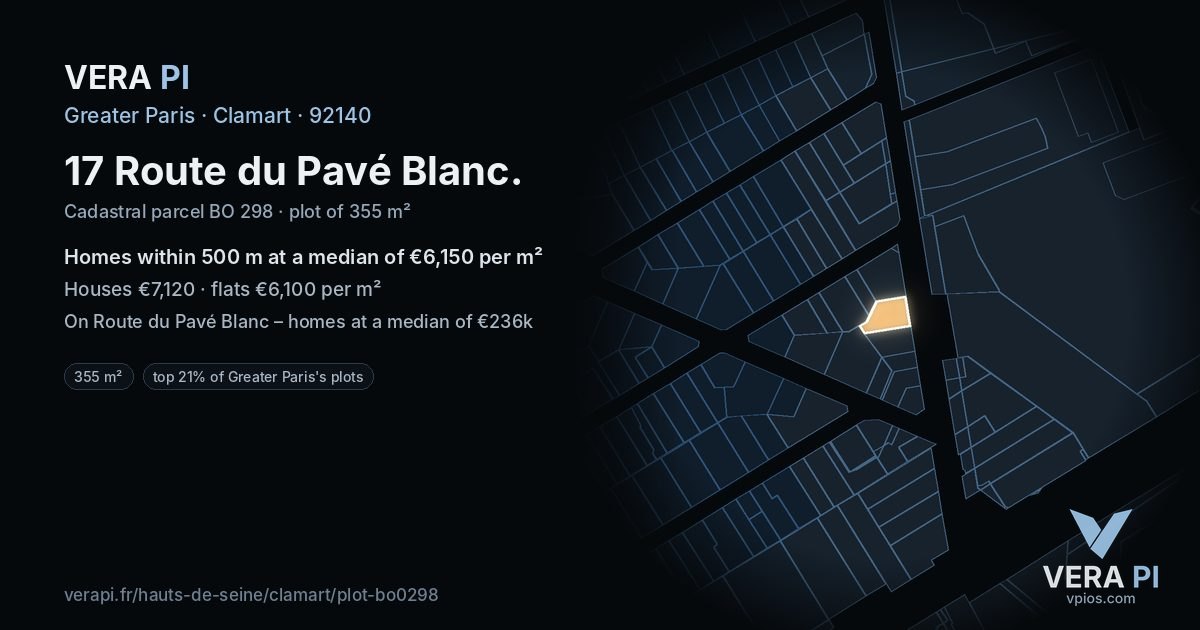17 Route du Pavé Blanc, Clamart at night – the plot lit, the parcels around coloured by the prices near them