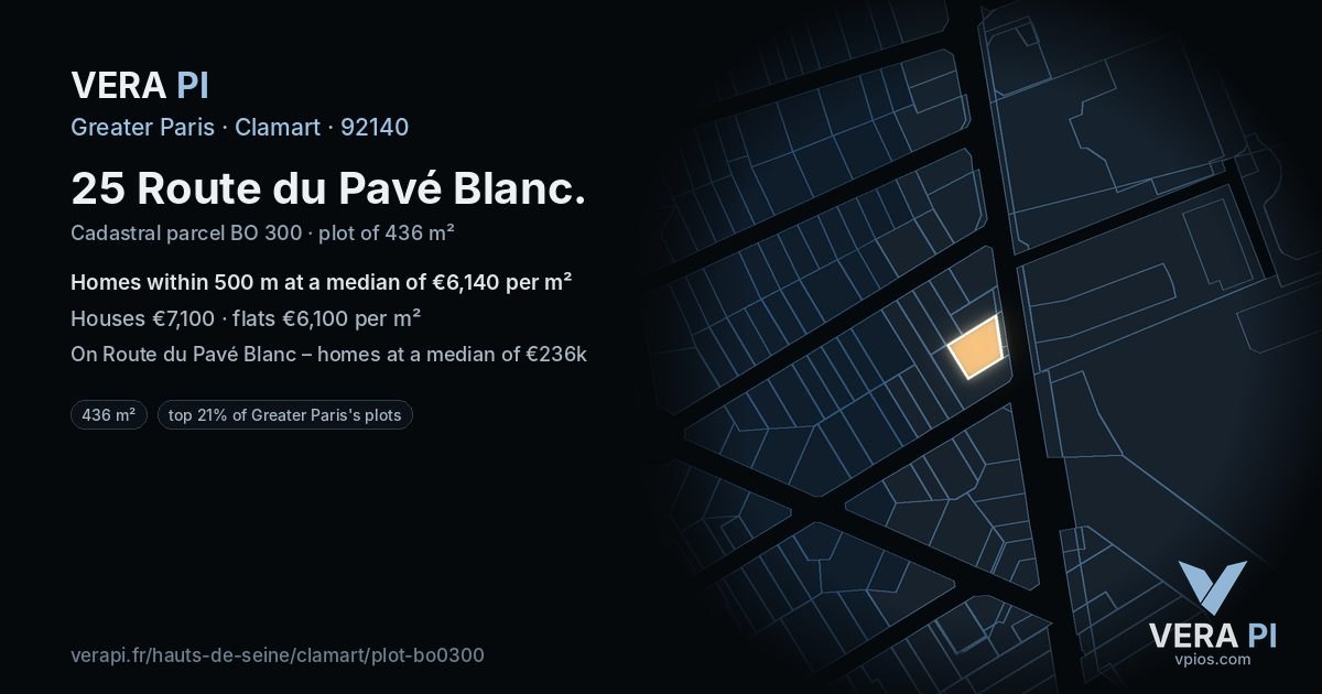 25 Route du Pavé Blanc, Clamart at night – the plot lit, the parcels around coloured by the prices near them