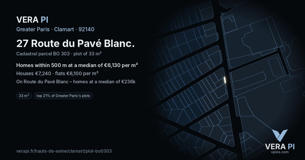 27 Route du Pavé Blanc, Clamart at night – the plot lit, the parcels around coloured by the prices near them
