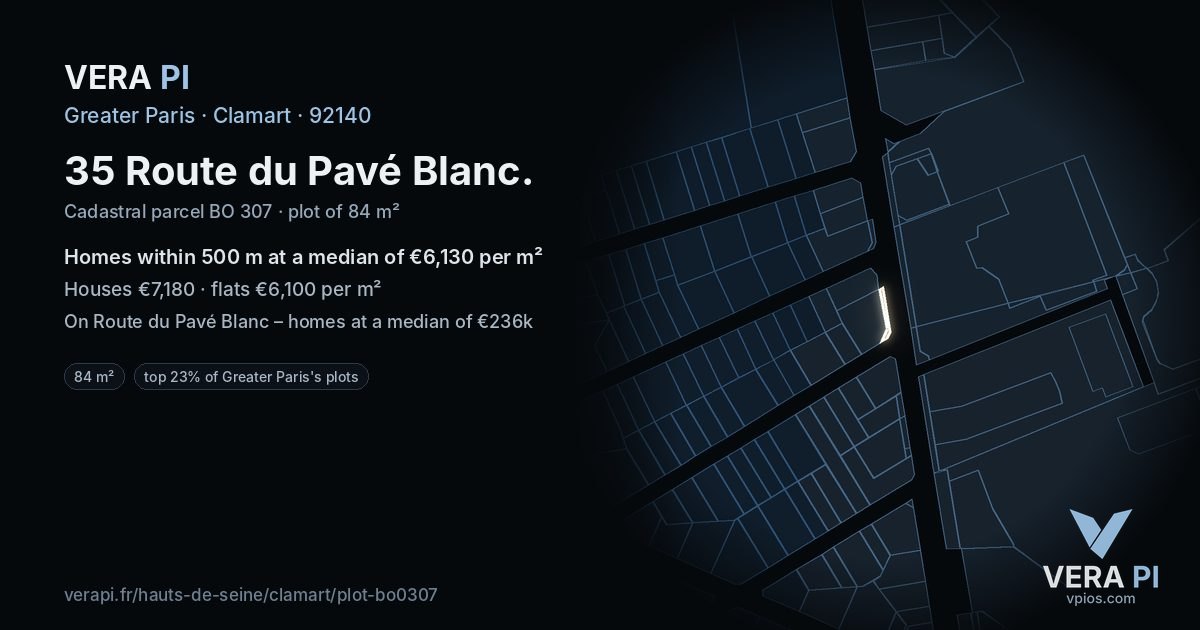 35 Route du Pavé Blanc, Clamart at night – the plot lit, the parcels around coloured by the prices near them