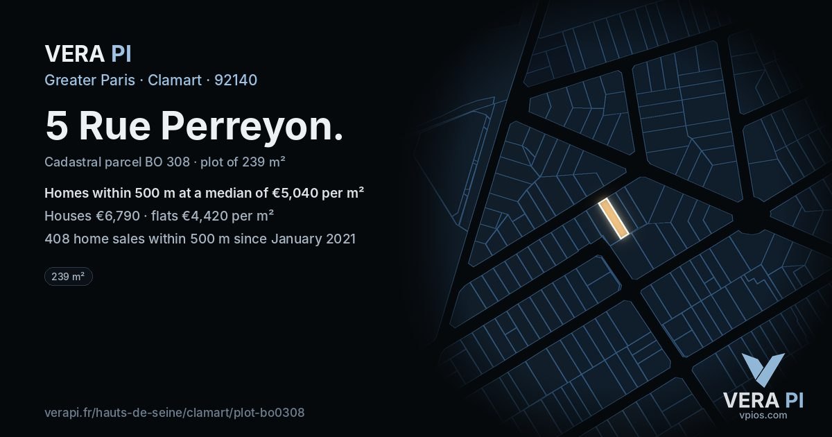 5 Rue Perreyon, Clamart at night – the plot lit, the parcels around coloured by the prices near them