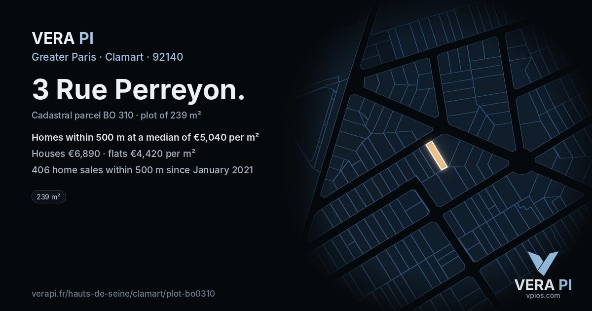 3 Rue Perreyon, Clamart at night – the plot lit, the parcels around coloured by the prices near them