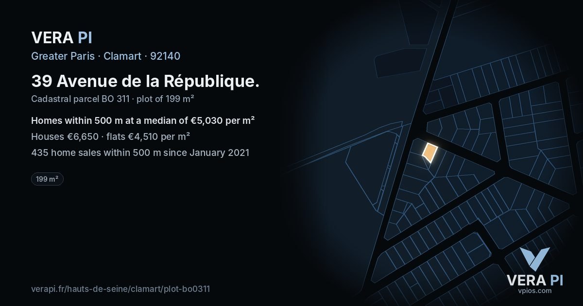 39 Avenue de la République, Clamart at night – the plot lit, the parcels around coloured by the prices near them