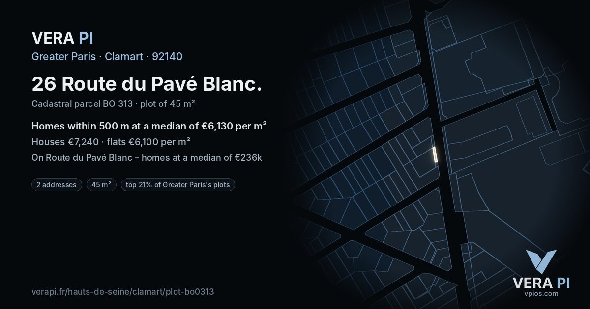 26 Route du Pavé Blanc, Clamart at night – the plot lit, the parcels around coloured by the prices near them