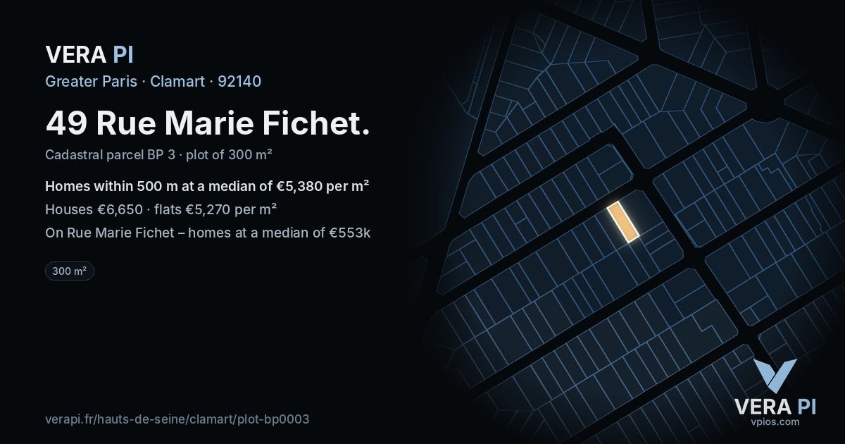 49 Rue Marie Fichet, Clamart at night – the plot lit, the parcels around coloured by the prices near them