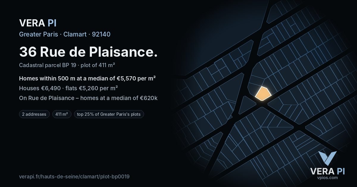 36 Rue de Plaisance, Clamart at night – the plot lit, the parcels around coloured by the prices near them
