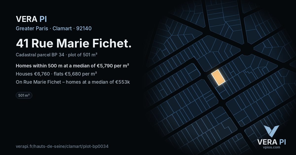 41 Rue Marie Fichet, Clamart at night – the plot lit, the parcels around coloured by the prices near them