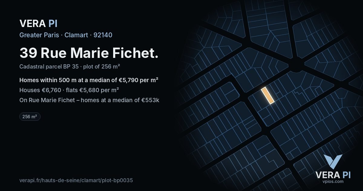 39 Rue Marie Fichet, Clamart at night – the plot lit, the parcels around coloured by the prices near them