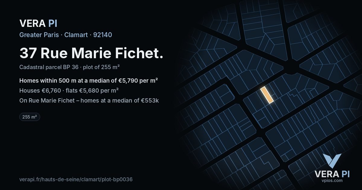 37 Rue Marie Fichet, Clamart at night – the plot lit, the parcels around coloured by the prices near them