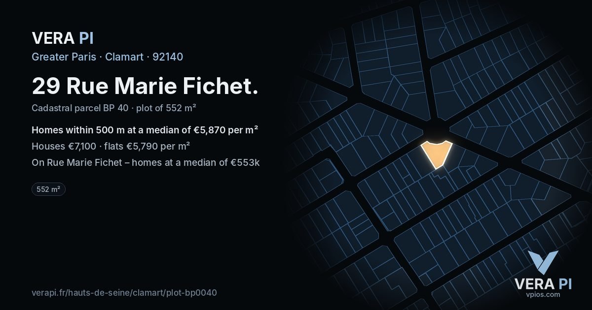 29 Rue Marie Fichet, Clamart at night – the plot lit, the parcels around coloured by the prices near them