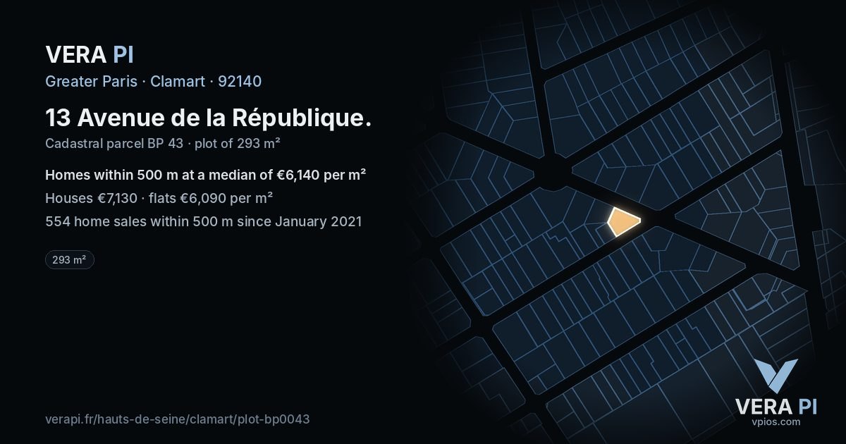 13 Avenue de la République, Clamart at night – the plot lit, the parcels around coloured by the prices near them