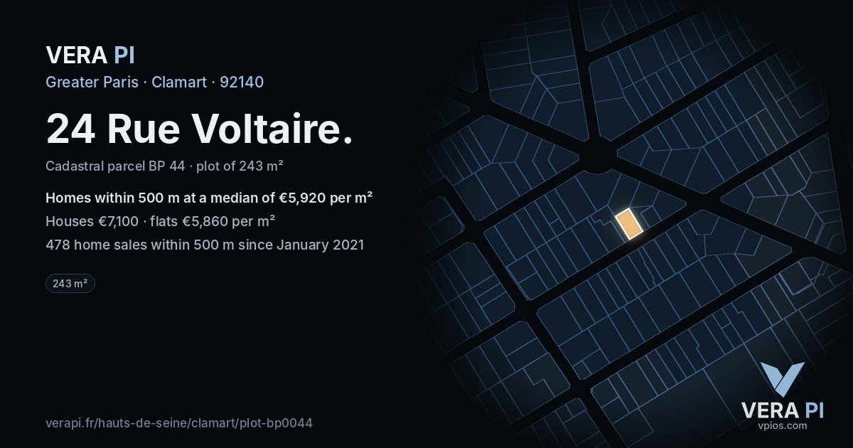 24 Rue Voltaire, Clamart at night – the plot lit, the parcels around coloured by the prices near them