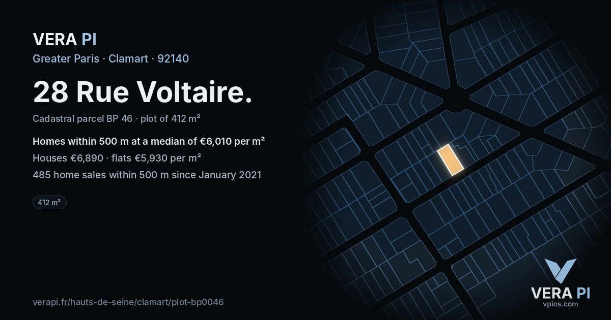 28 Rue Voltaire, Clamart at night – the plot lit, the parcels around coloured by the prices near them