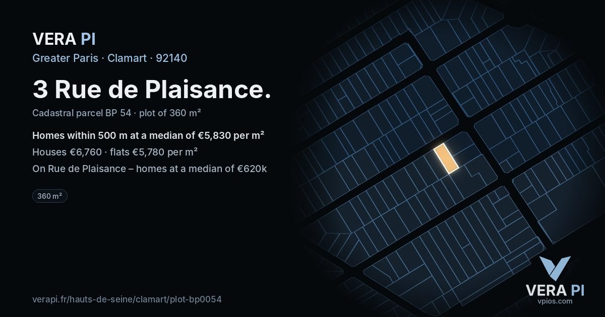 3 Rue de Plaisance, Clamart at night – the plot lit, the parcels around coloured by the prices near them