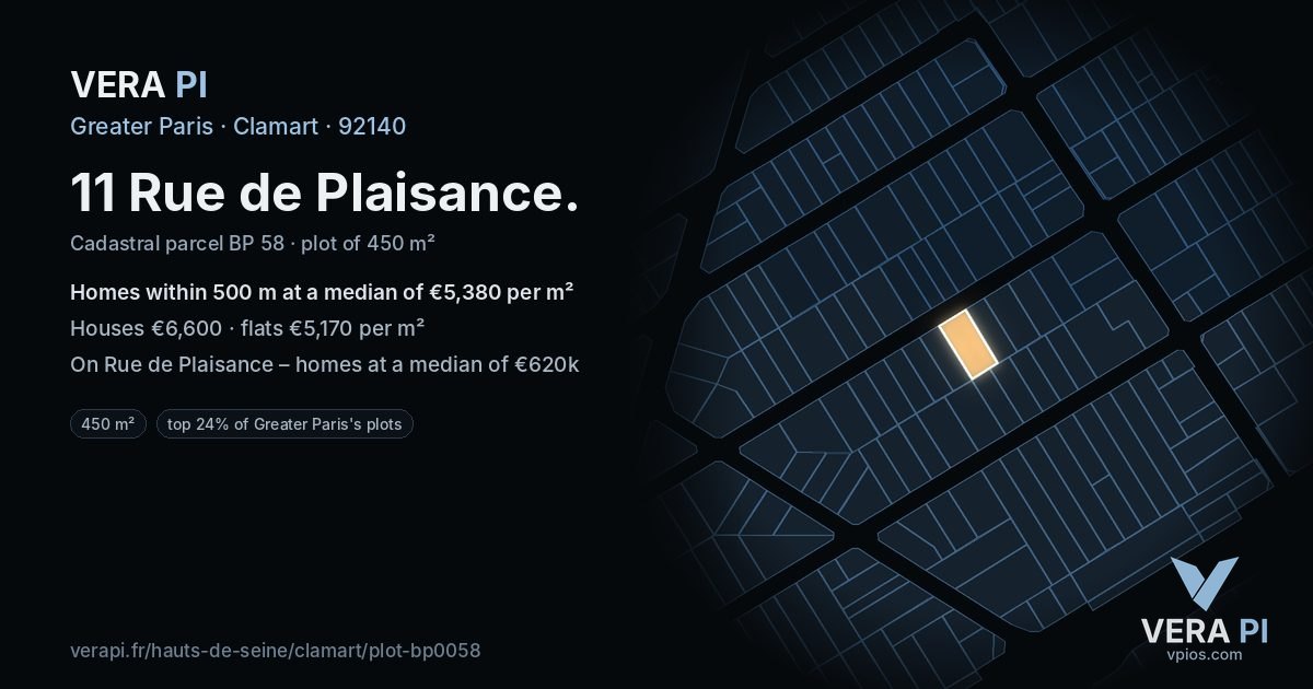 11 Rue de Plaisance, Clamart at night – the plot lit, the parcels around coloured by the prices near them