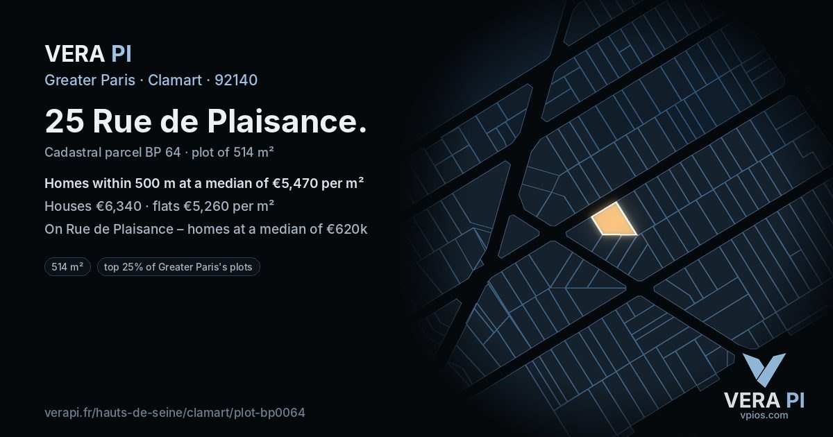 25 Rue de Plaisance, Clamart at night – the plot lit, the parcels around coloured by the prices near them