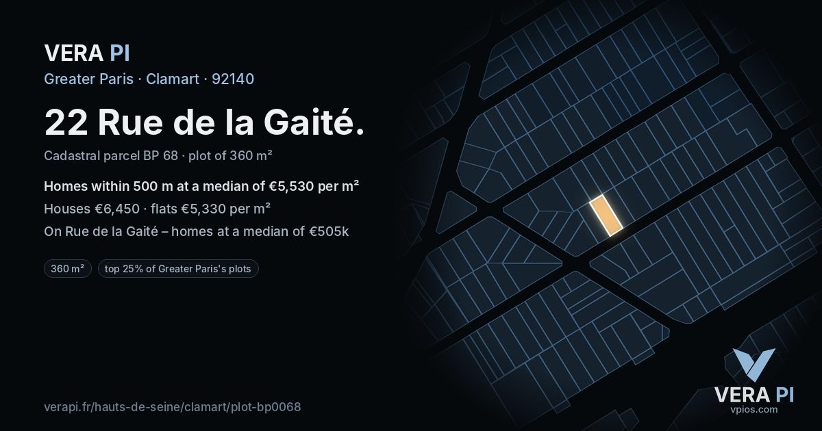 22 Rue de la Gaité, Clamart at night – the plot lit, the parcels around coloured by the prices near them