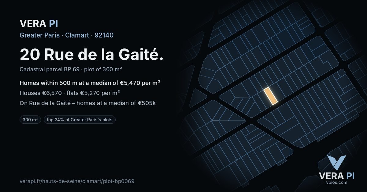20 Rue de la Gaité, Clamart at night – the plot lit, the parcels around coloured by the prices near them