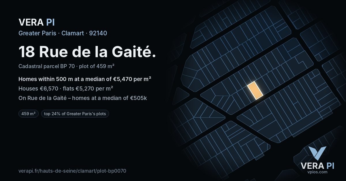 18 Rue de la Gaité, Clamart at night – the plot lit, the parcels around coloured by the prices near them