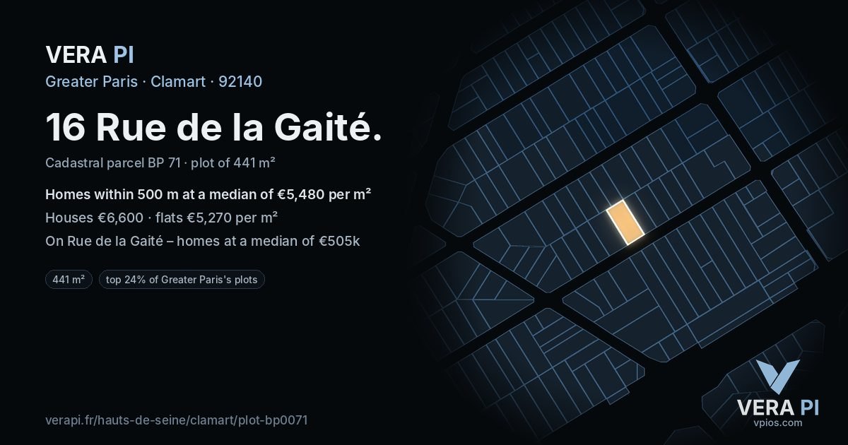 16 Rue de la Gaité, Clamart at night – the plot lit, the parcels around coloured by the prices near them