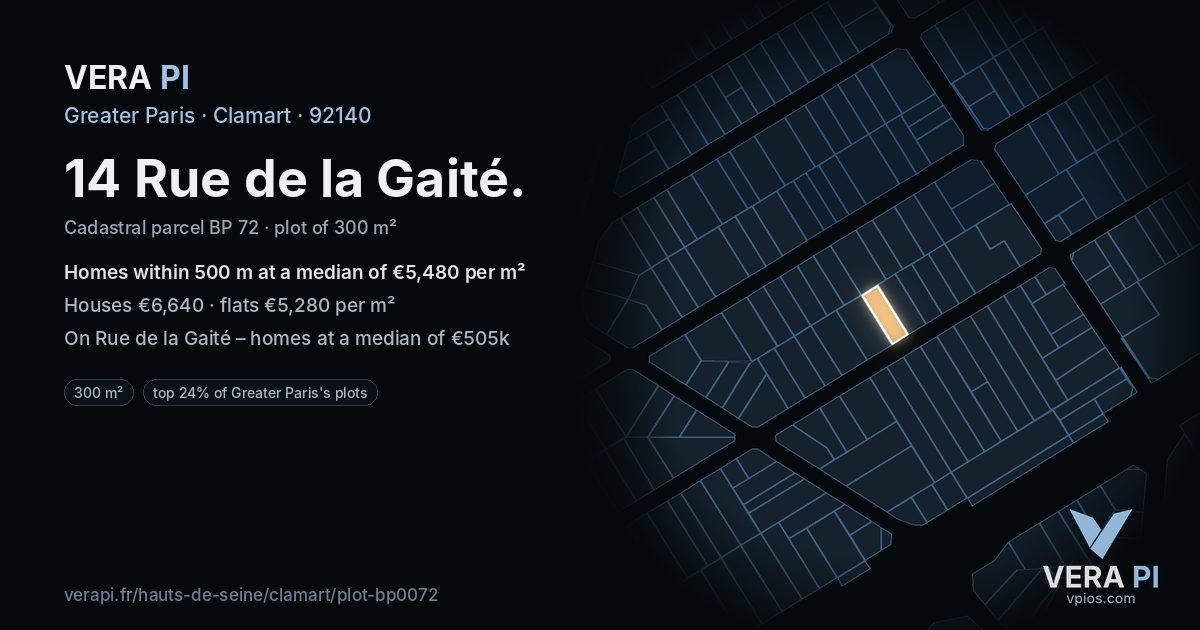 14 Rue de la Gaité, Clamart at night – the plot lit, the parcels around coloured by the prices near them