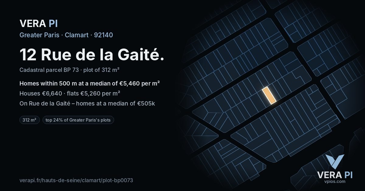 12 Rue de la Gaité, Clamart at night – the plot lit, the parcels around coloured by the prices near them