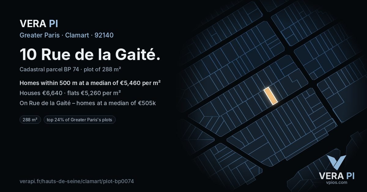 10 Rue de la Gaité, Clamart at night – the plot lit, the parcels around coloured by the prices near them