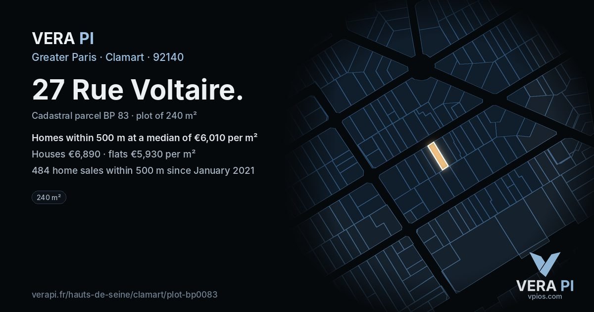 27 Rue Voltaire, Clamart at night – the plot lit, the parcels around coloured by the prices near them