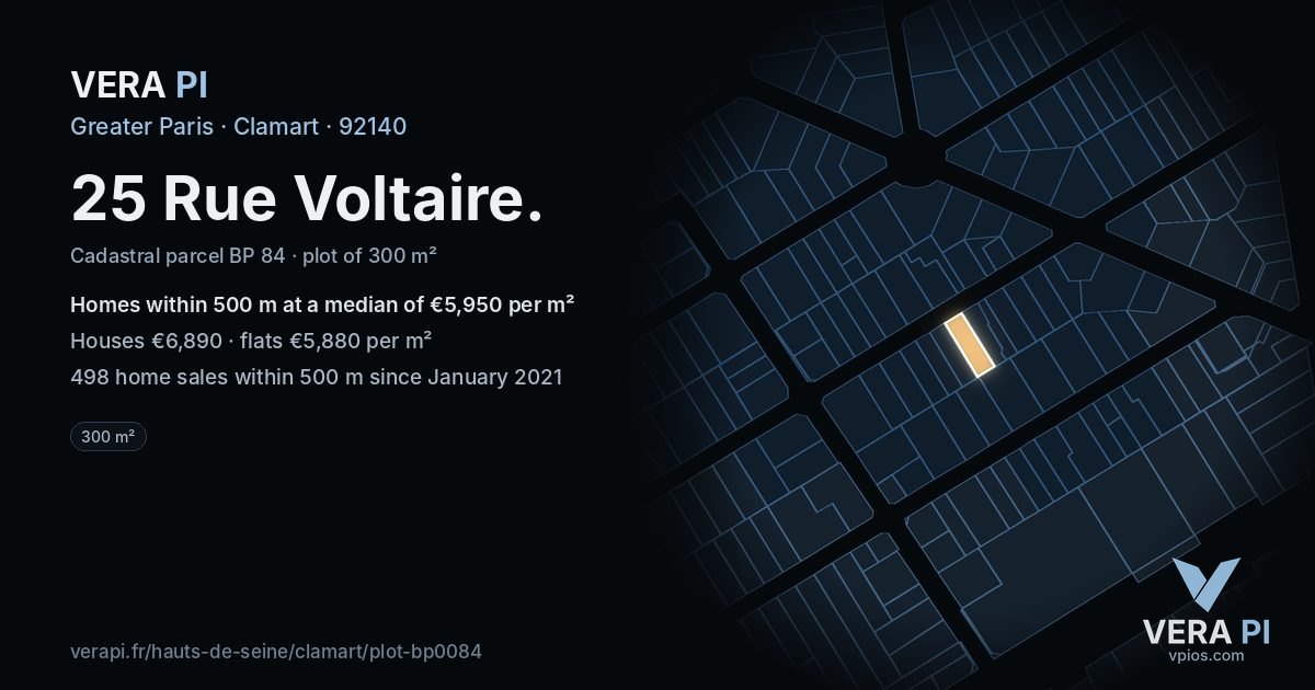 25 Rue Voltaire, Clamart at night – the plot lit, the parcels around coloured by the prices near them