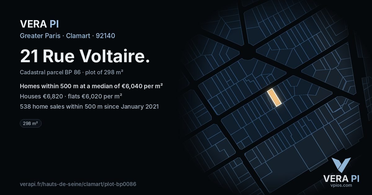 21 Rue Voltaire, Clamart at night – the plot lit, the parcels around coloured by the prices near them