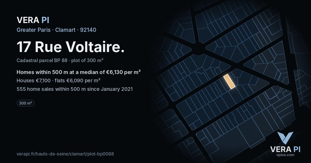 17 Rue Voltaire, Clamart at night – the plot lit, the parcels around coloured by the prices near them