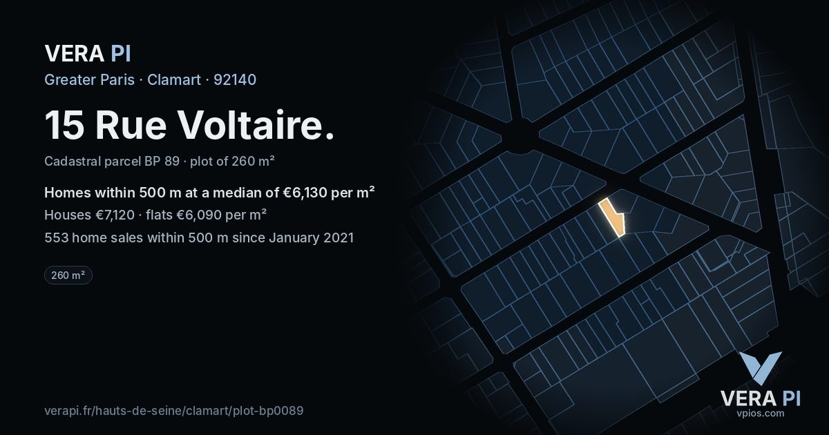 15 Rue Voltaire, Clamart at night – the plot lit, the parcels around coloured by the prices near them