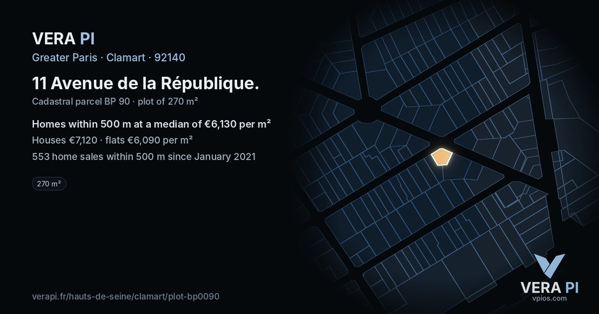 11 Avenue de la République, Clamart at night – the plot lit, the parcels around coloured by the prices near them